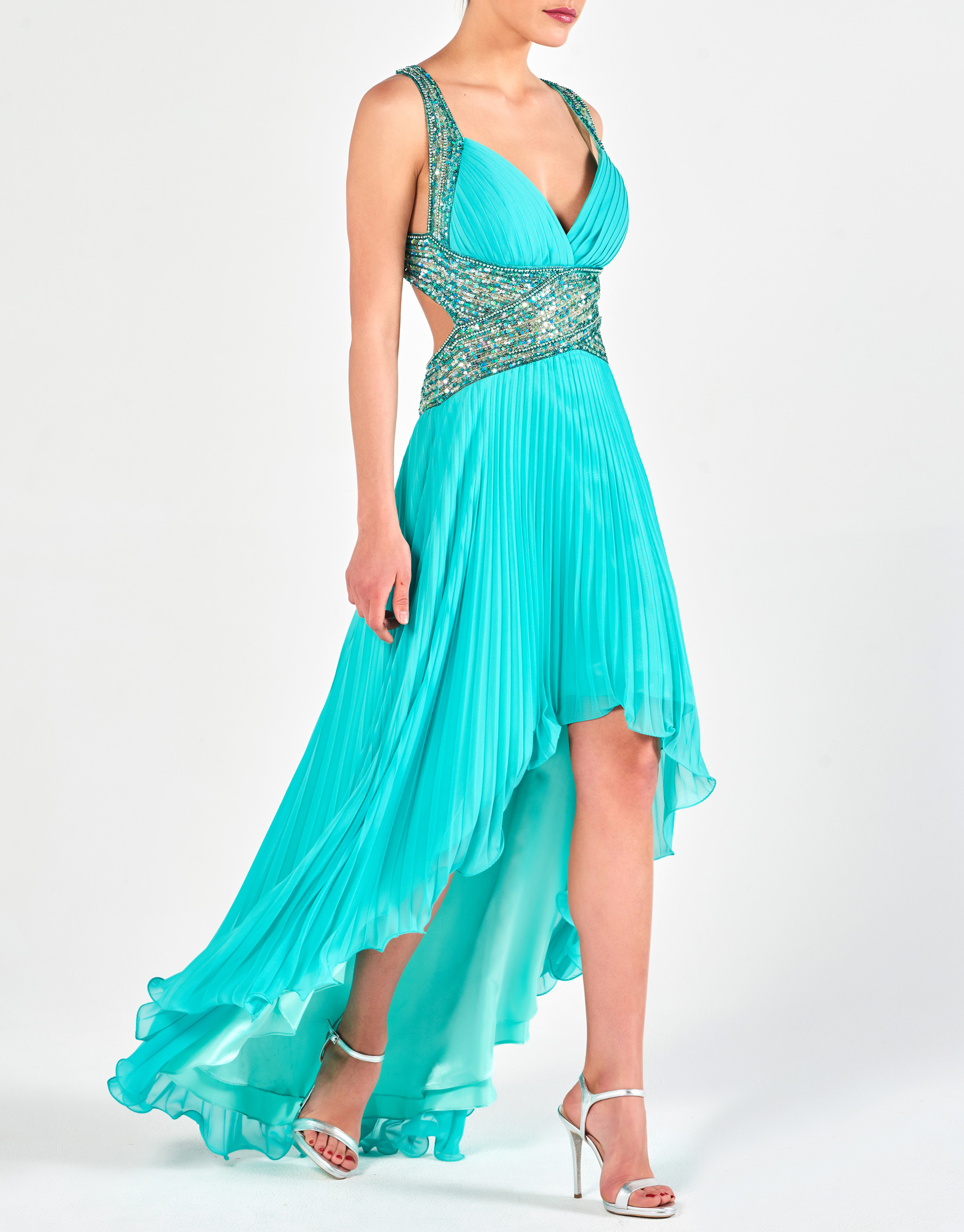 ELENA - Φόρεμα βραδινό ασύμμετρο πλισσέ με κέντημα