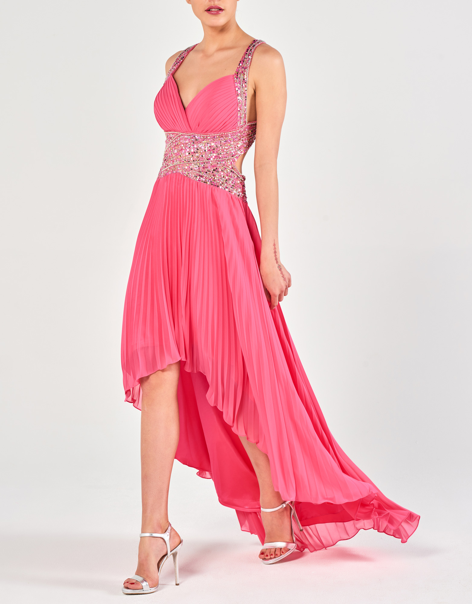 ELENA - Φόρεμα βραδινό ασύμμετρο πλισσέ με κέντημα